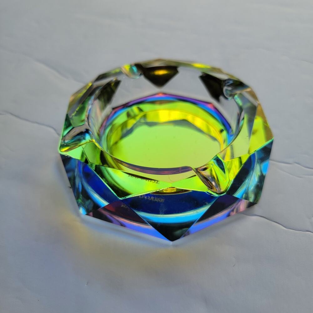 Unmarked Car Ashtray Multicolor Iridescent Faceted Glass Rainbow Home Decor